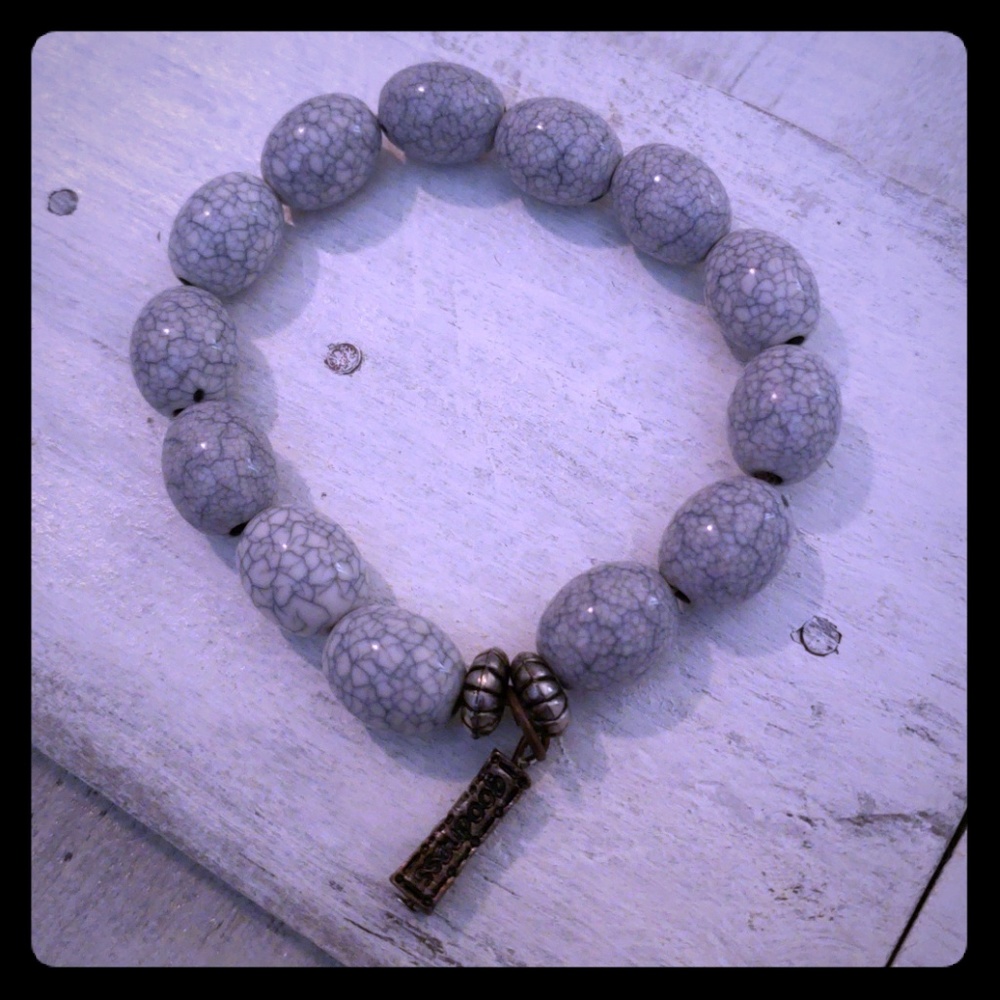 Gray & White Marble Bead Bracelet with Charm